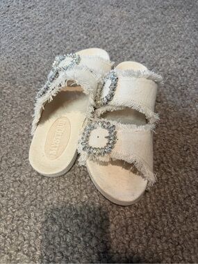 Mystique Boutique Ivory Jeweled Double-Strap Slide Sandals